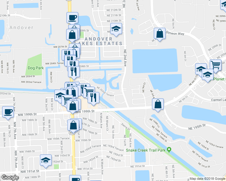 map of restaurants, bars, coffee shops, grocery stores, and more near 20314 Northeast 2nd Avenue in Miami Gardens