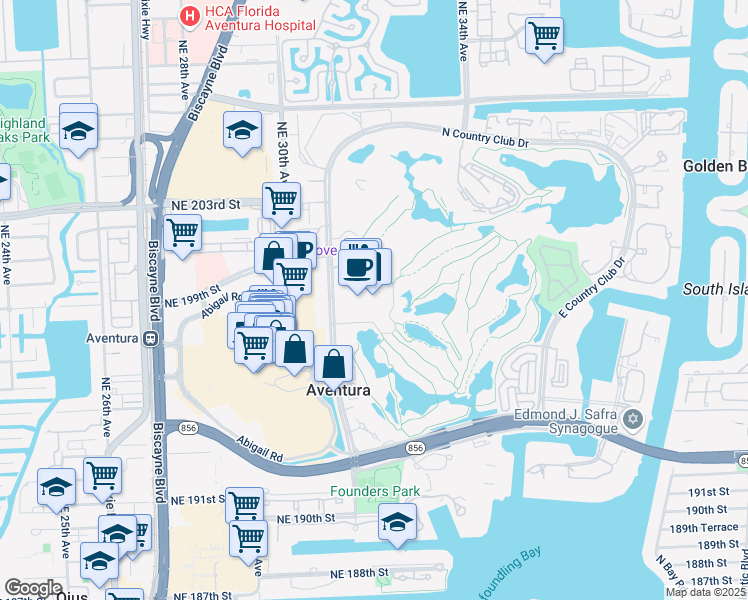 map of restaurants, bars, coffee shops, grocery stores, and more near 19999 West Country Club Drive in Miami