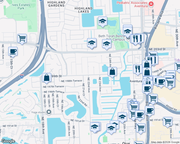 map of restaurants, bars, coffee shops, grocery stores, and more near 19941 Northeast 22nd Avenue in Miami