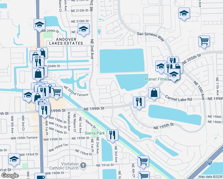 map of restaurants, bars, coffee shops, grocery stores, and more near 20105 Northeast 2nd Court in Miami
