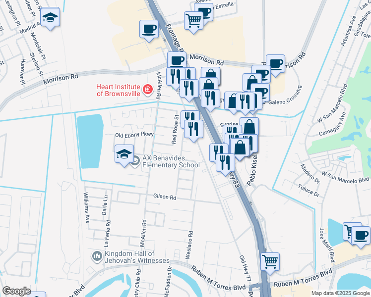 map of restaurants, bars, coffee shops, grocery stores, and more near 310 Caribia Circle in Brownsville