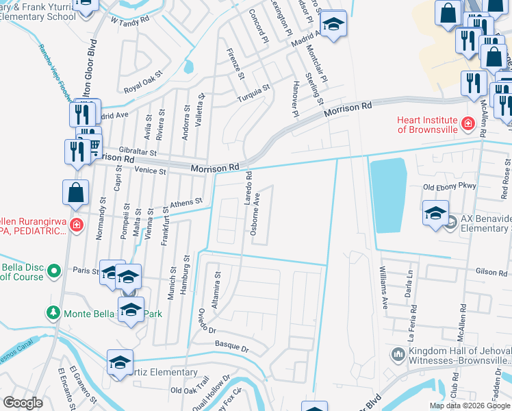 map of restaurants, bars, coffee shops, grocery stores, and more near Osborne Avenue in Brownsville