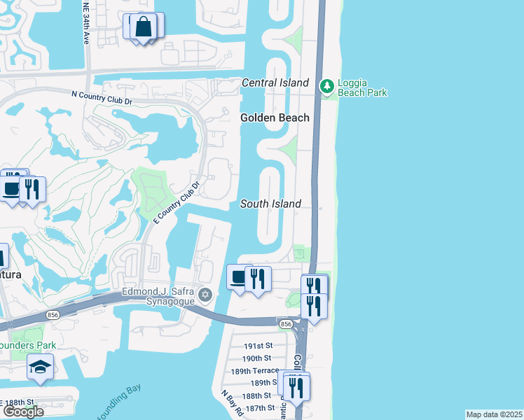 map of restaurants, bars, coffee shops, grocery stores, and more near 294 South Island Road in Golden Beach
