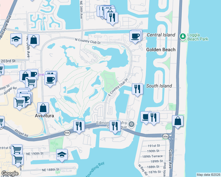 map of restaurants, bars, coffee shops, grocery stores, and more near 19951 Northeast 36th Place in Aventura