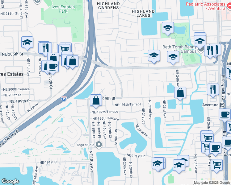 map of restaurants, bars, coffee shops, grocery stores, and more near 20010 Highland Lakes Boulevard in North Miami Beach