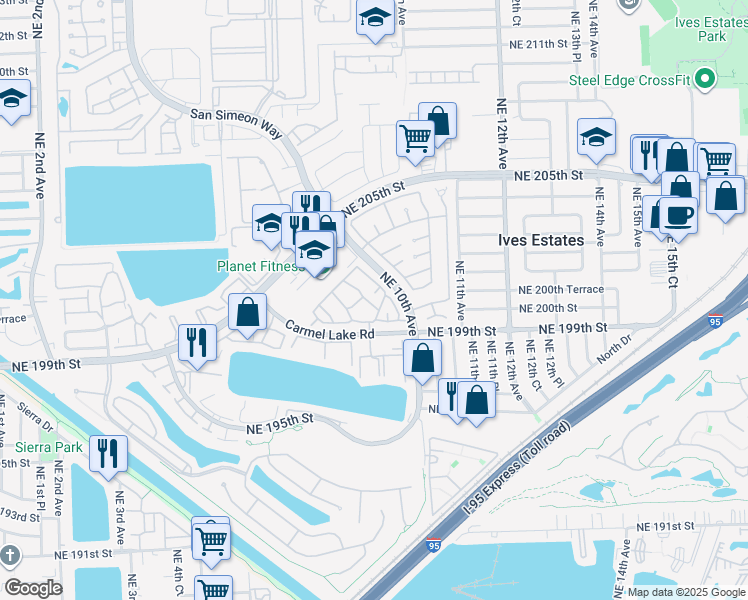 map of restaurants, bars, coffee shops, grocery stores, and more near 917 Northeast 199th Street in North Miami Beach