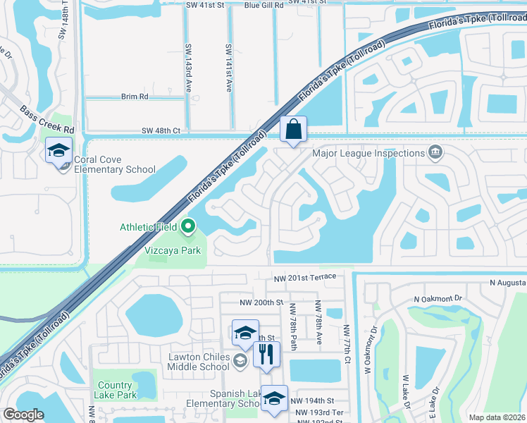 map of restaurants, bars, coffee shops, grocery stores, and more near 14049 Southwest 51st Lane in Miramar