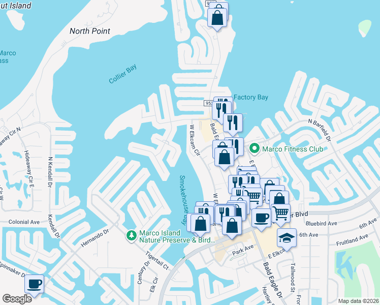 map of restaurants, bars, coffee shops, grocery stores, and more near 848 West Elkcam Circle in Marco Island