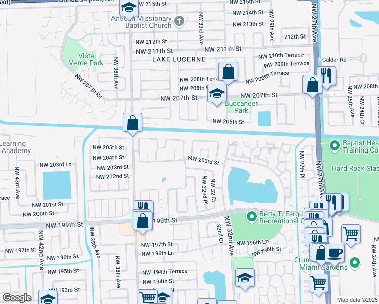 map of restaurants, bars, coffee shops, grocery stores, and more near 20418 Northwest 33rd Avenue in Miami Gardens