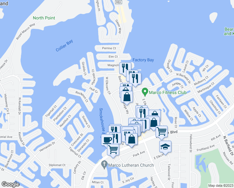 map of restaurants, bars, coffee shops, grocery stores, and more near 837 West Elkcam Circle in Marco Island