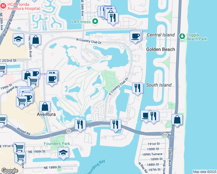 map of restaurants, bars, coffee shops, grocery stores, and more near 19951 Northeast 36th Place in Aventura