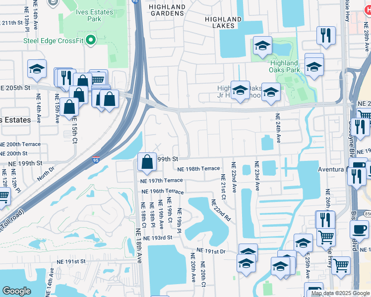 map of restaurants, bars, coffee shops, grocery stores, and more near 20010 Highland Lakes Boulevard in North Miami Beach