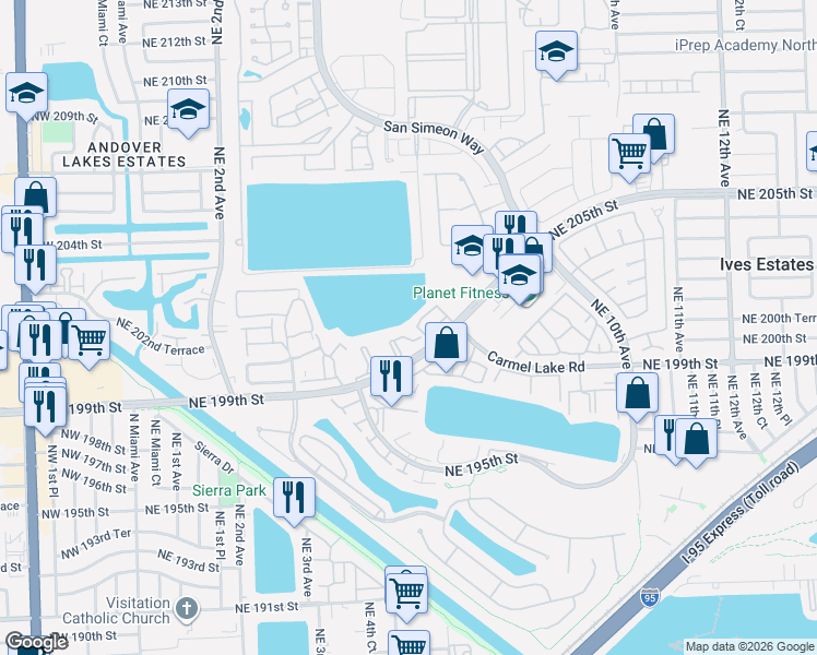 map of restaurants, bars, coffee shops, grocery stores, and more near 20020 Northeast 6th Court Circle in Miami