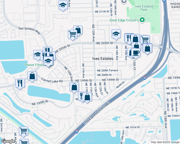 map of restaurants, bars, coffee shops, grocery stores, and more near 1121 Northeast 200th Terrace in Miami