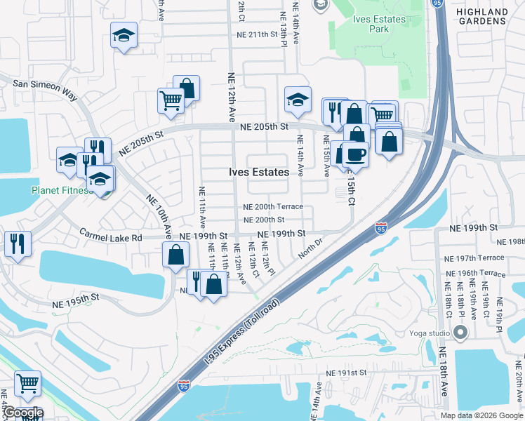 map of restaurants, bars, coffee shops, grocery stores, and more near 1265 Northeast 200th Terrace in Miami