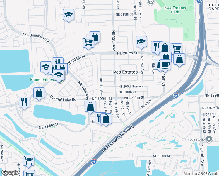 map of restaurants, bars, coffee shops, grocery stores, and more near 1121 Northeast 200th Terrace in Miami
