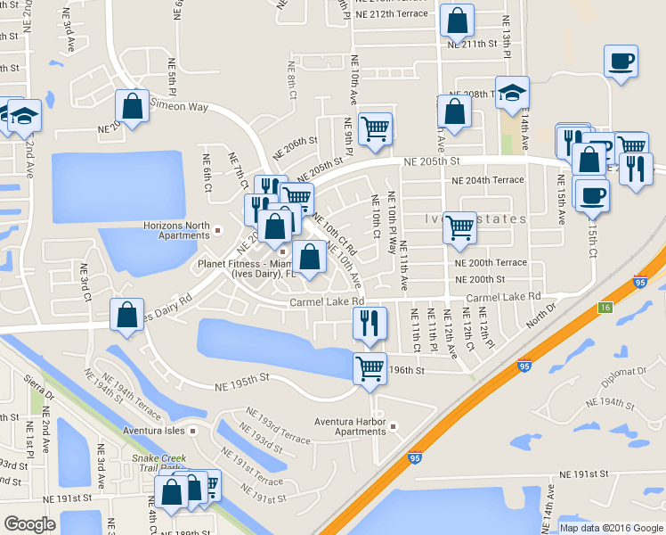 map of restaurants, bars, coffee shops, grocery stores, and more near 917 Northeast 199th Street in North Miami Beach