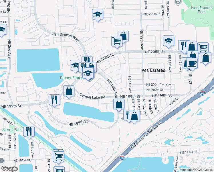 map of restaurants, bars, coffee shops, grocery stores, and more near 917 Northeast 199th Street in North Miami Beach
