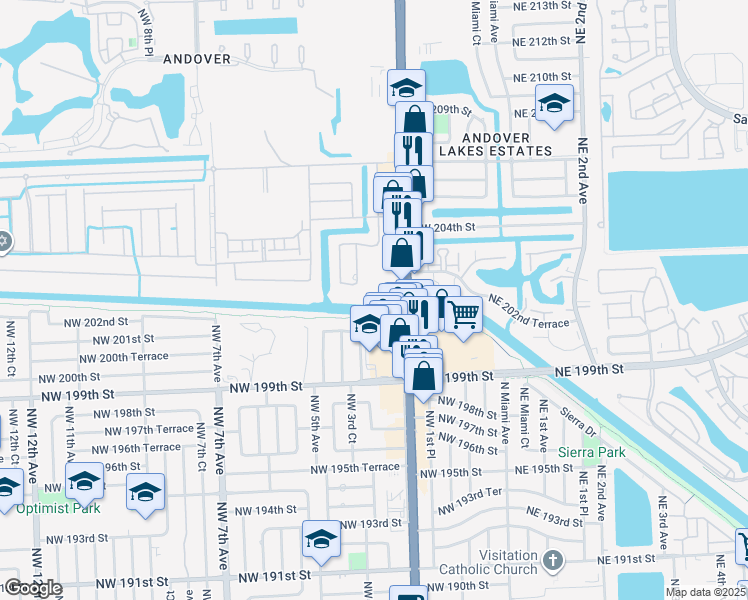 map of restaurants, bars, coffee shops, grocery stores, and more near 20200 Northwest 2nd Avenue in Miami Gardens