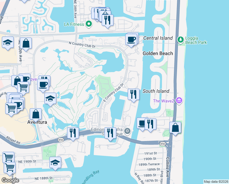 map of restaurants, bars, coffee shops, grocery stores, and more near 3752 Northeast 199th Street in Aventura