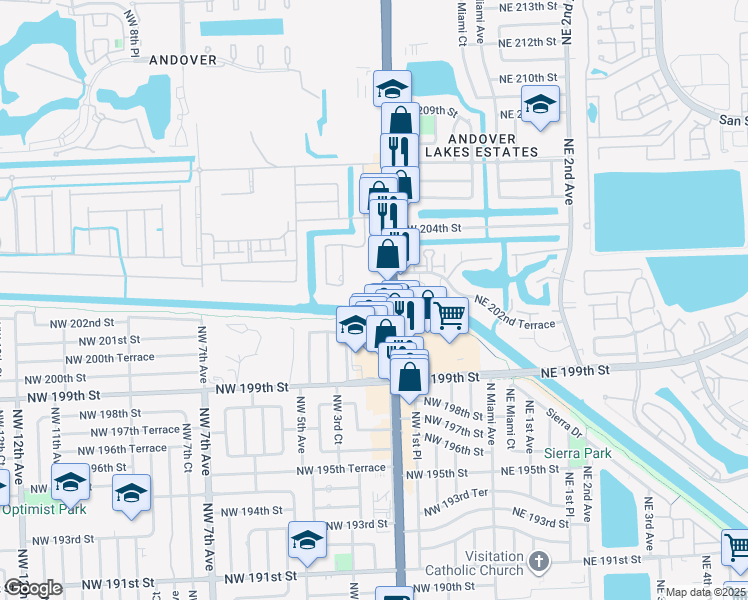 map of restaurants, bars, coffee shops, grocery stores, and more near 20200 Northwest 2nd Avenue in Miami Gardens