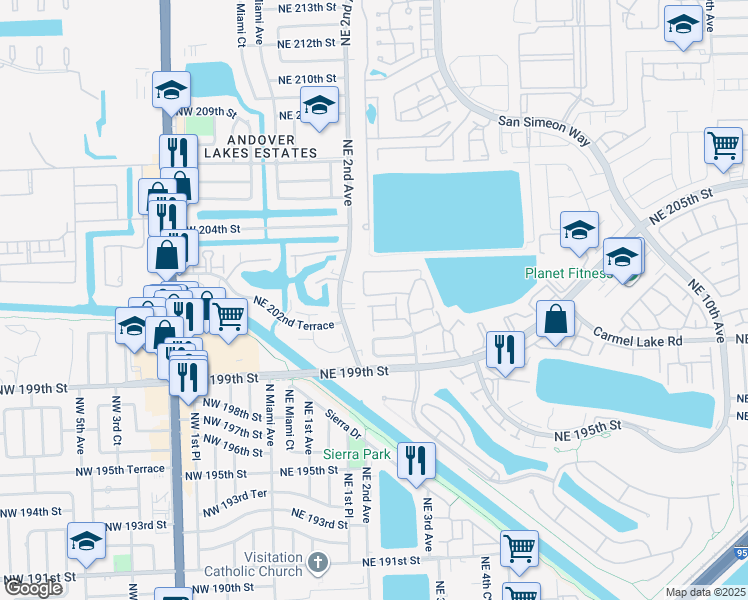 map of restaurants, bars, coffee shops, grocery stores, and more near 261 Northeast 201st Terrace in Miami