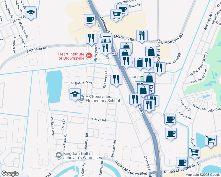 map of restaurants, bars, coffee shops, grocery stores, and more near 310 Caribia Circle in Brownsville