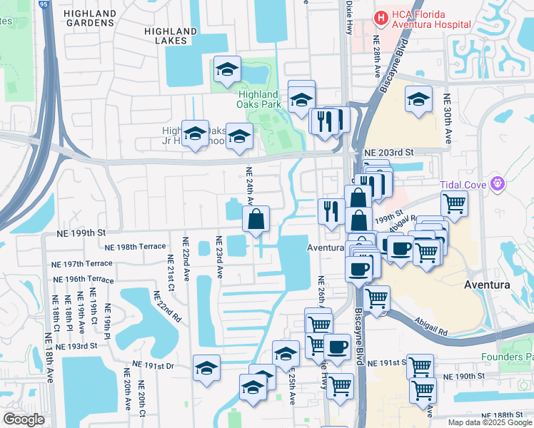map of restaurants, bars, coffee shops, grocery stores, and more near 2440 Northeast 200th Street in Miami