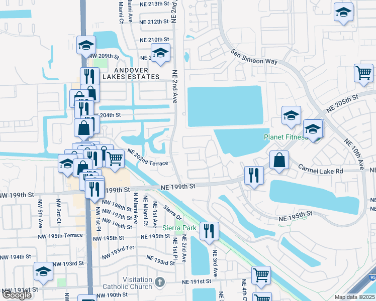 map of restaurants, bars, coffee shops, grocery stores, and more near 261 Northeast 201st Terrace in Miami