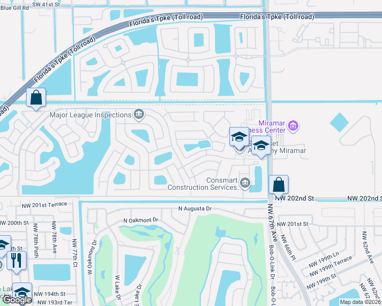 map of restaurants, bars, coffee shops, grocery stores, and more near 12845 Southwest 52nd Street in Miramar