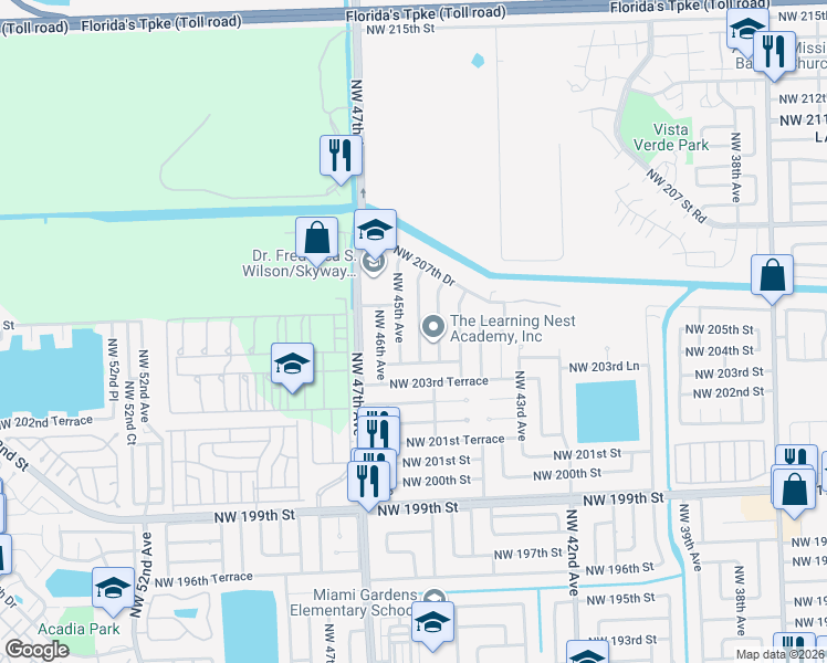 map of restaurants, bars, coffee shops, grocery stores, and more near 20462 Northwest 44th Court in Miami Gardens