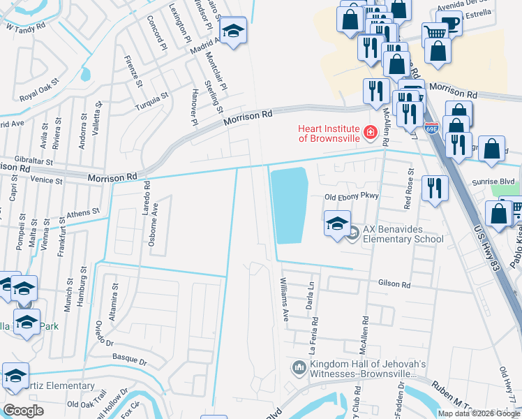 map of restaurants, bars, coffee shops, grocery stores, and more near Sedona Place in Brownsville