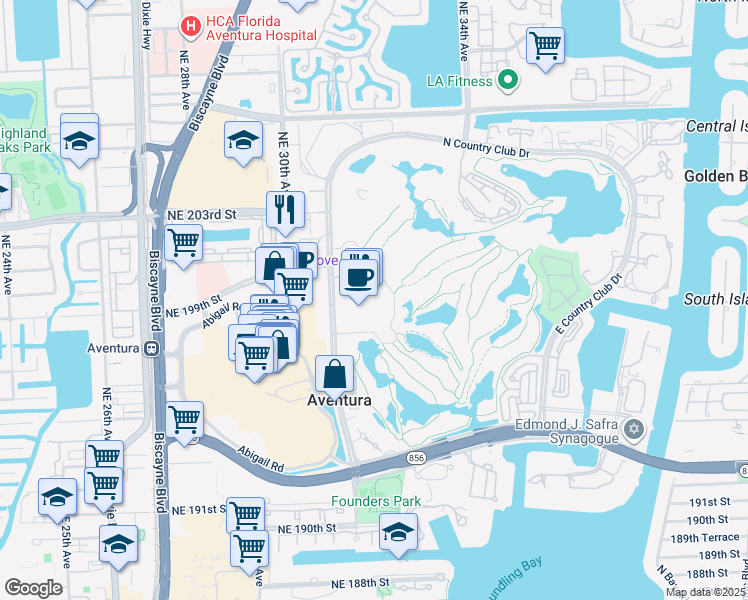 map of restaurants, bars, coffee shops, grocery stores, and more near 19999 West Country Club Drive in Aventura