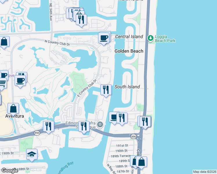 map of restaurants, bars, coffee shops, grocery stores, and more near 19925 Northeast 39th Place in Miami