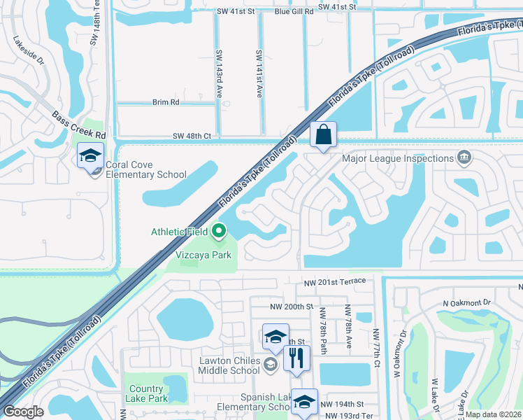 map of restaurants, bars, coffee shops, grocery stores, and more near 14150 Southwest 52nd Street in Miramar