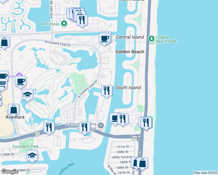map of restaurants, bars, coffee shops, grocery stores, and more near 19925 Northeast 39th Place in Aventura