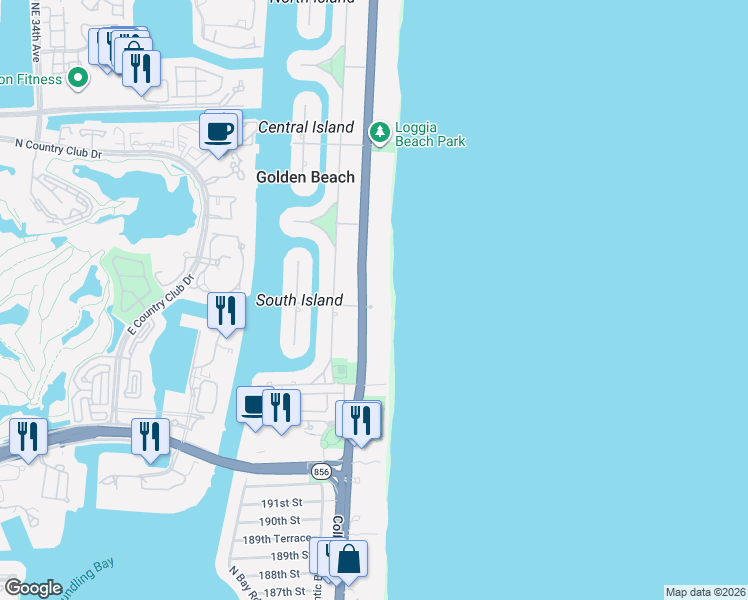 map of restaurants, bars, coffee shops, grocery stores, and more near 205 Ocean Boulevard in Golden Beach