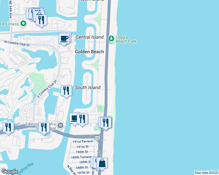 map of restaurants, bars, coffee shops, grocery stores, and more near 205 Ocean Boulevard in Golden Beach