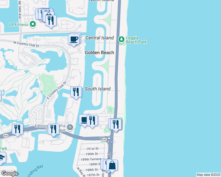 map of restaurants, bars, coffee shops, grocery stores, and more near 1 Golden Beach Drive in Golden Beach