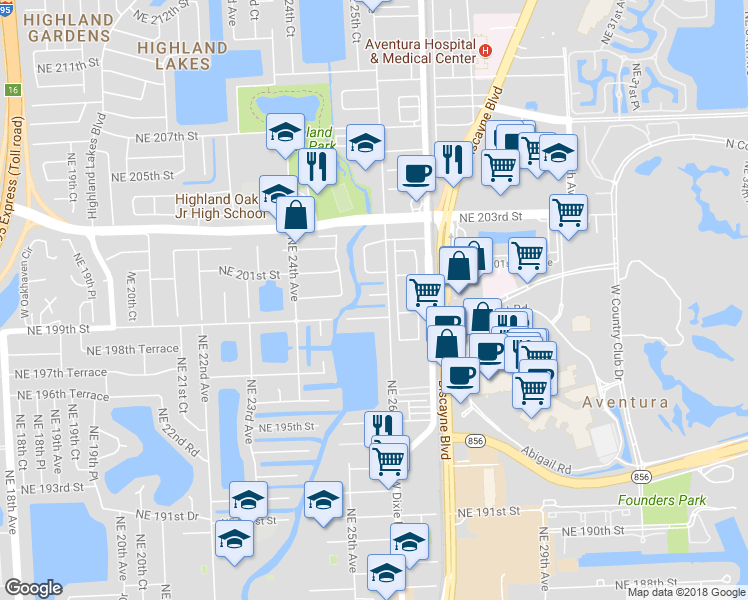 map of restaurants, bars, coffee shops, grocery stores, and more near 2590 Northeast 200th Street in Miami
