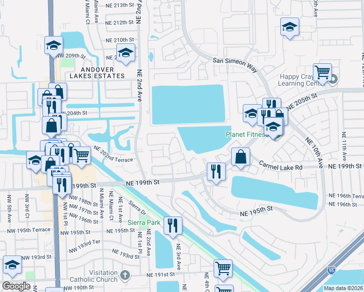 map of restaurants, bars, coffee shops, grocery stores, and more near 20095 Northeast 3rd Court in Miami