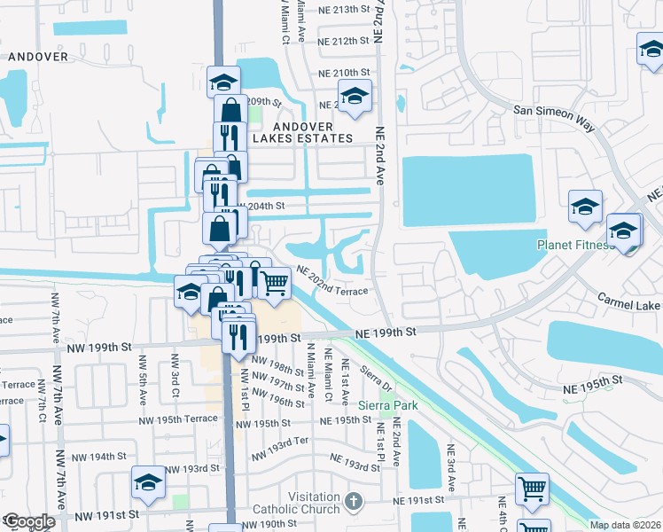 map of restaurants, bars, coffee shops, grocery stores, and more near 20314 Northeast 2nd Avenue in Miami Gardens