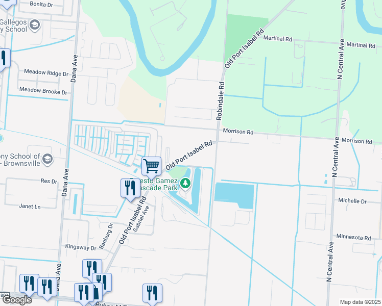 map of restaurants, bars, coffee shops, grocery stores, and more near 3638 Old Port Isabel Road in Brownsville
