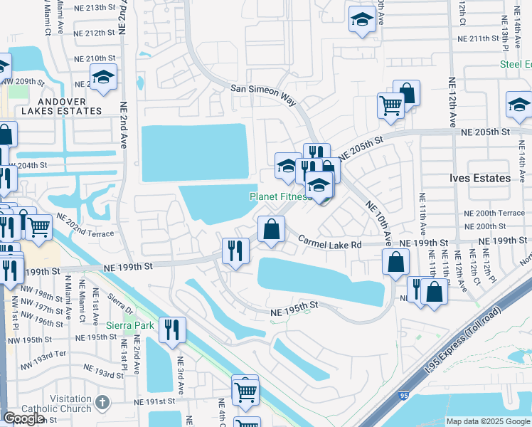 map of restaurants, bars, coffee shops, grocery stores, and more near 20036 Northeast 6th Court Circle in Miami