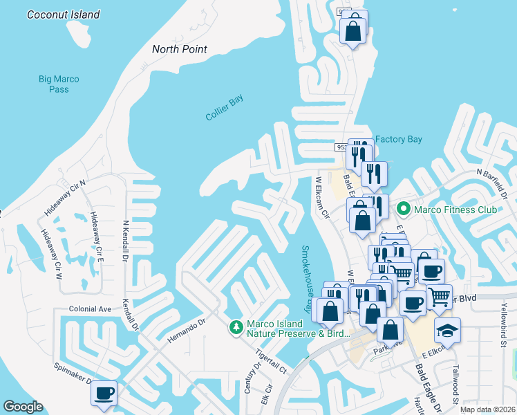 map of restaurants, bars, coffee shops, grocery stores, and more near 670 Rockport Court in Marco Island