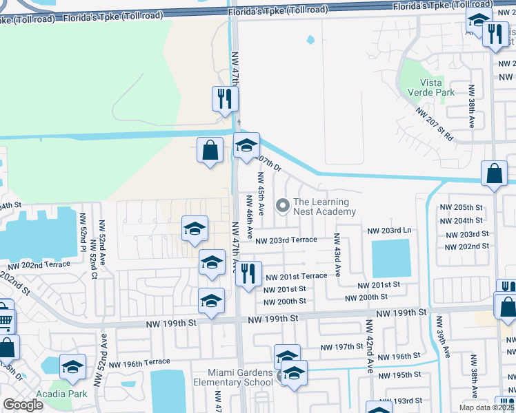 map of restaurants, bars, coffee shops, grocery stores, and more near 20460 Northwest 45th Avenue in Miami Gardens