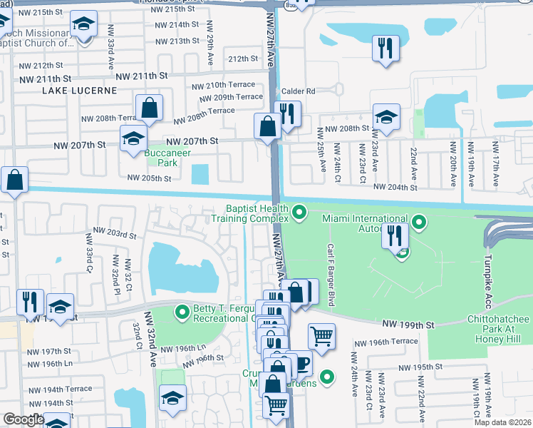 map of restaurants, bars, coffee shops, grocery stores, and more near 204 Northwest 204th Lane in Miami Gardens