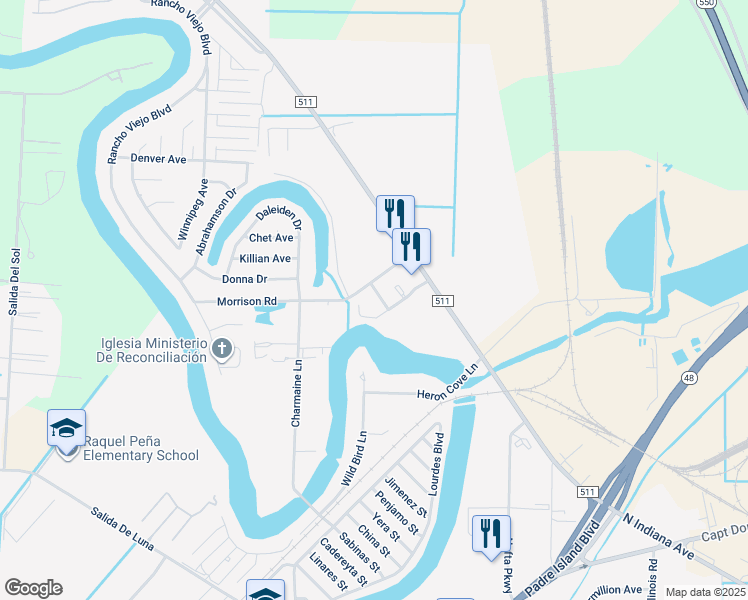 map of restaurants, bars, coffee shops, grocery stores, and more near 6209 Rio Sena Street in Brownsville