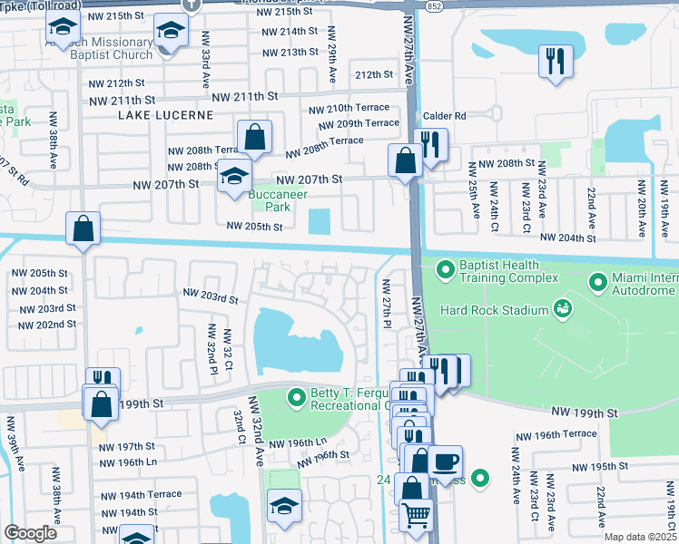 map of restaurants, bars, coffee shops, grocery stores, and more near 3001 Northwest 204th Terrace in Miami Gardens