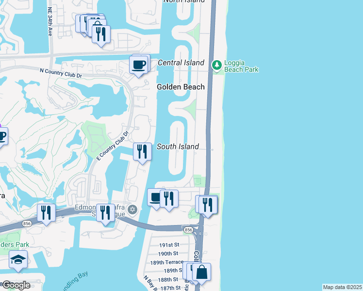 map of restaurants, bars, coffee shops, grocery stores, and more near 294 South Island Road in Golden Beach